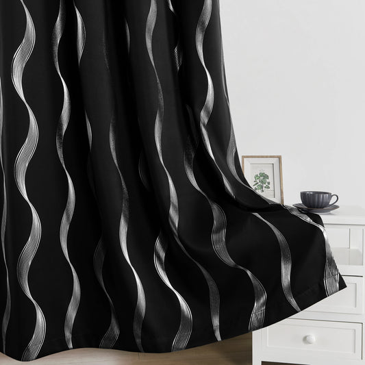 4PCS Blackout Curtains Grommet Thermal Insulated Room Darkening With Wave Foil Printed For Bedroom/Livingroom
