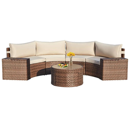 7pc Half-Moon Curved Wicker Patio Sectional Sofa Set with Storage & Glass Table