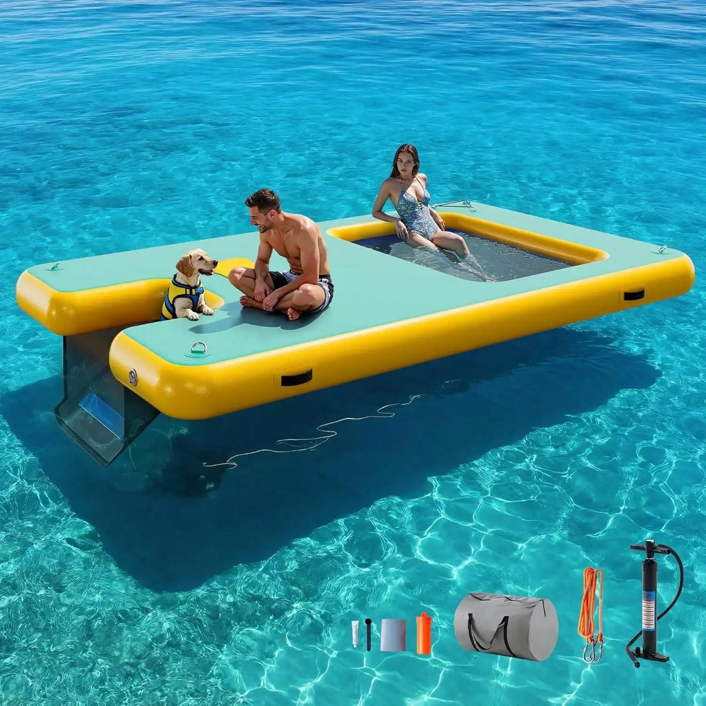 Non Slip Inflatable Air Dock Platform, Floating Island Raft With Rope Ladder, 6FT 7FT 8FT 10FT 12FT