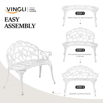 38.5" Outdoor Metal Rose Bench, 2-Person Cast Iron Cast Aluminum Frame Antique Finish