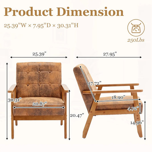 PU Leather Accent Chair Set of 2, Mid-Century Modern Armchair with Solid Wood Armrests