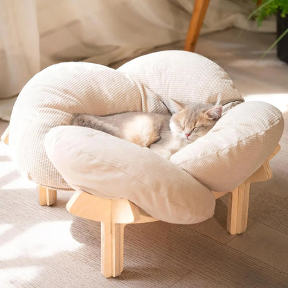 Elevated Cat Bed Wooden With Cushion Fluffy Pet Couch Sofa For Indoor Cats Raised Kitty Lounge Chair