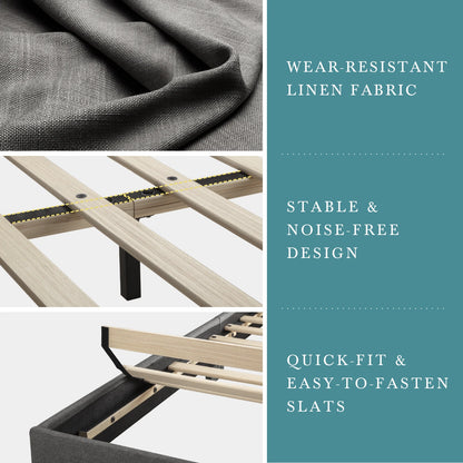 Full/Queen/King Upholstered Bed Frame with Adjustable Linen Headboard, Sturdy Wood Slats