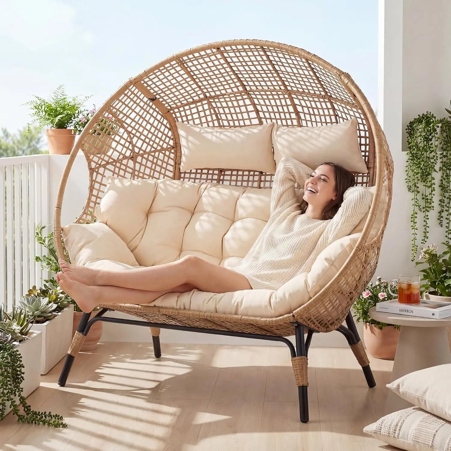 Oversized Double Egg Loveseat 680lb Wicker Rattan Cushioned Patio Balcony Garden Indoor Customized