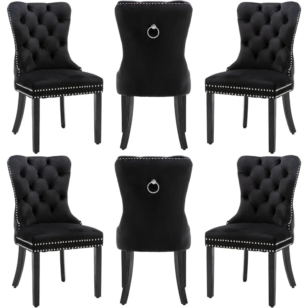 Velvet Dining Chairs Set of 6, Dining Room Chairs with Wood Legs and Pull Ring, Luxury Side Chair