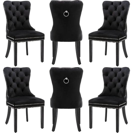 Velvet Dining Chairs Set of 6, Dining Room Chairs with Wood Legs and Pull Ring, Luxury Side Chair