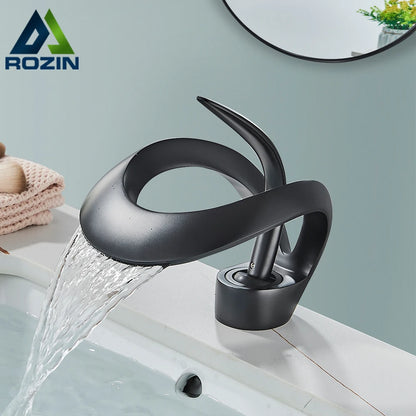 Rozin Luxury Black Basin Faucet Grey Bathroom Waterfall Mixer Tap Brass Deck Mount