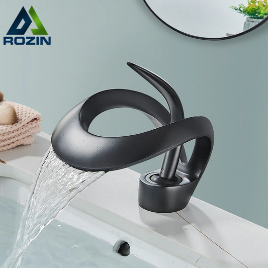 Rozin Luxury Black Basin Faucet Grey Bathroom Waterfall Mixer Tap Brass Deck Mount