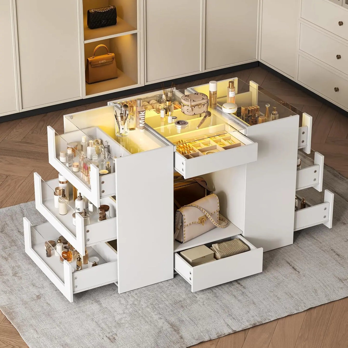 White Wardrobe Armoire with Glass Top and 12 Drawers for Bedroom Walk-in Closet