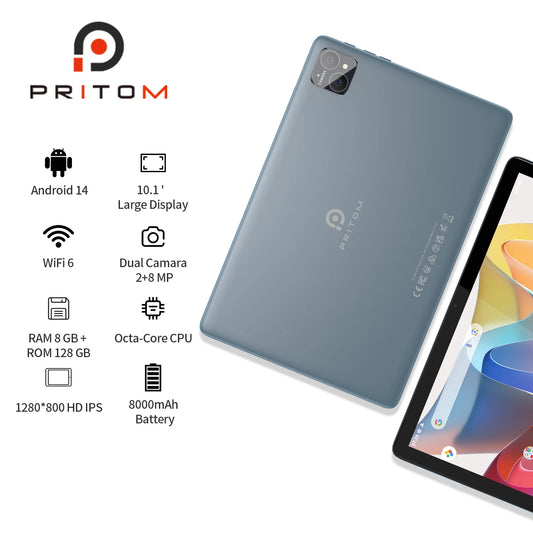 PRITOM Android 14 Tablet 10.1 Inch, 8GB RAM + 128GB ROM, Octa Core, 5G WiFi, with Keyboard, Mouse, Case