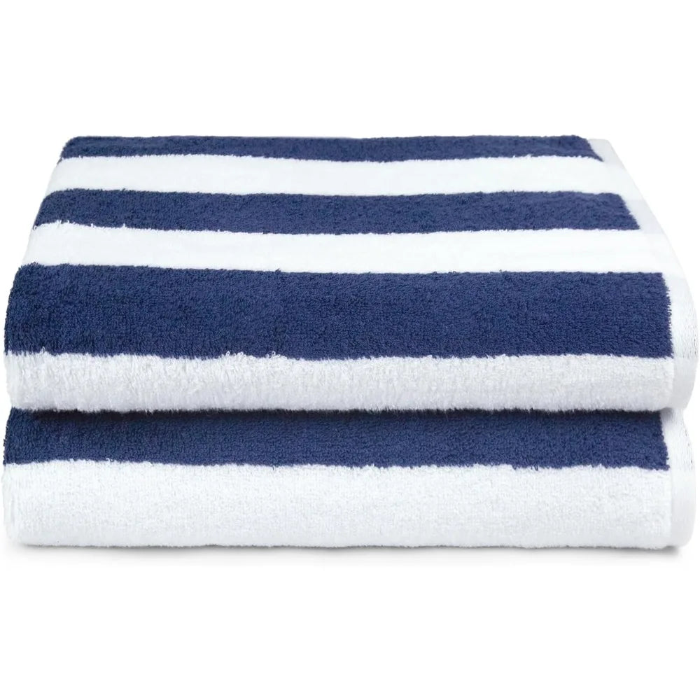 2PCS 100% Cotton Cabana Stripe Beach Towels – 30x60", Soft & Absorbent (Navy Blue)