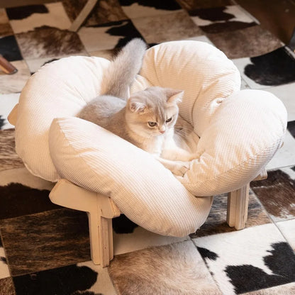 Elevated Cat Bed Wooden With Cushion Fluffy Pet Couch Sofa For Indoor Cats Raised Kitty Lounge Chair