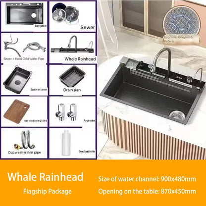 Digital fly rain waterfall sink embossed stainless steel large single sink kitchen black washbasin
