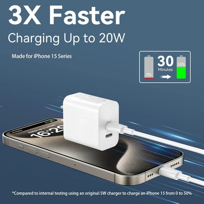 IPhone16 Fast Charging, 20W Dual Port USB C Charger With 10FT USB C Fast Charging Cable For IPhone 15 Pro Max/15 Pro/15 Plus