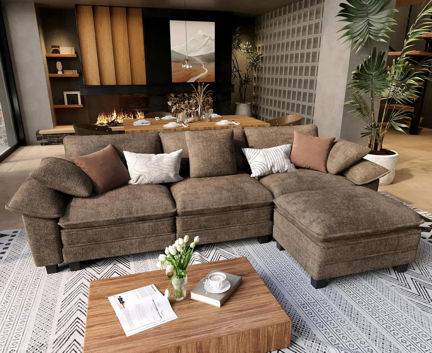 L Shaped Modular Cloud Couch, 123.6'' Comfy Chenille Sectional Sofa with Wider Armrest and Ottoman