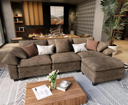 L Shaped Modular Cloud Couch, 123.6'' Comfy Chenille Sectional Sofa with Wider Armrest and Ottoman