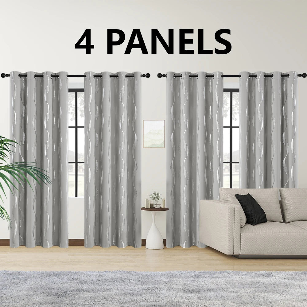 4PCS Blackout Curtains Grommet Thermal Insulated Room Darkening With Wave Foil Printed For Bedroom/Livingroom