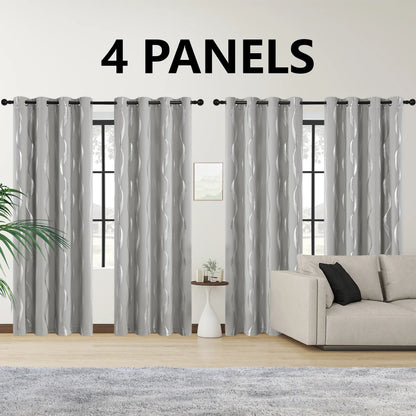 4PCS Blackout Curtains Grommet Thermal Insulated Room Darkening With Wave Foil Printed For Bedroom/Livingroom