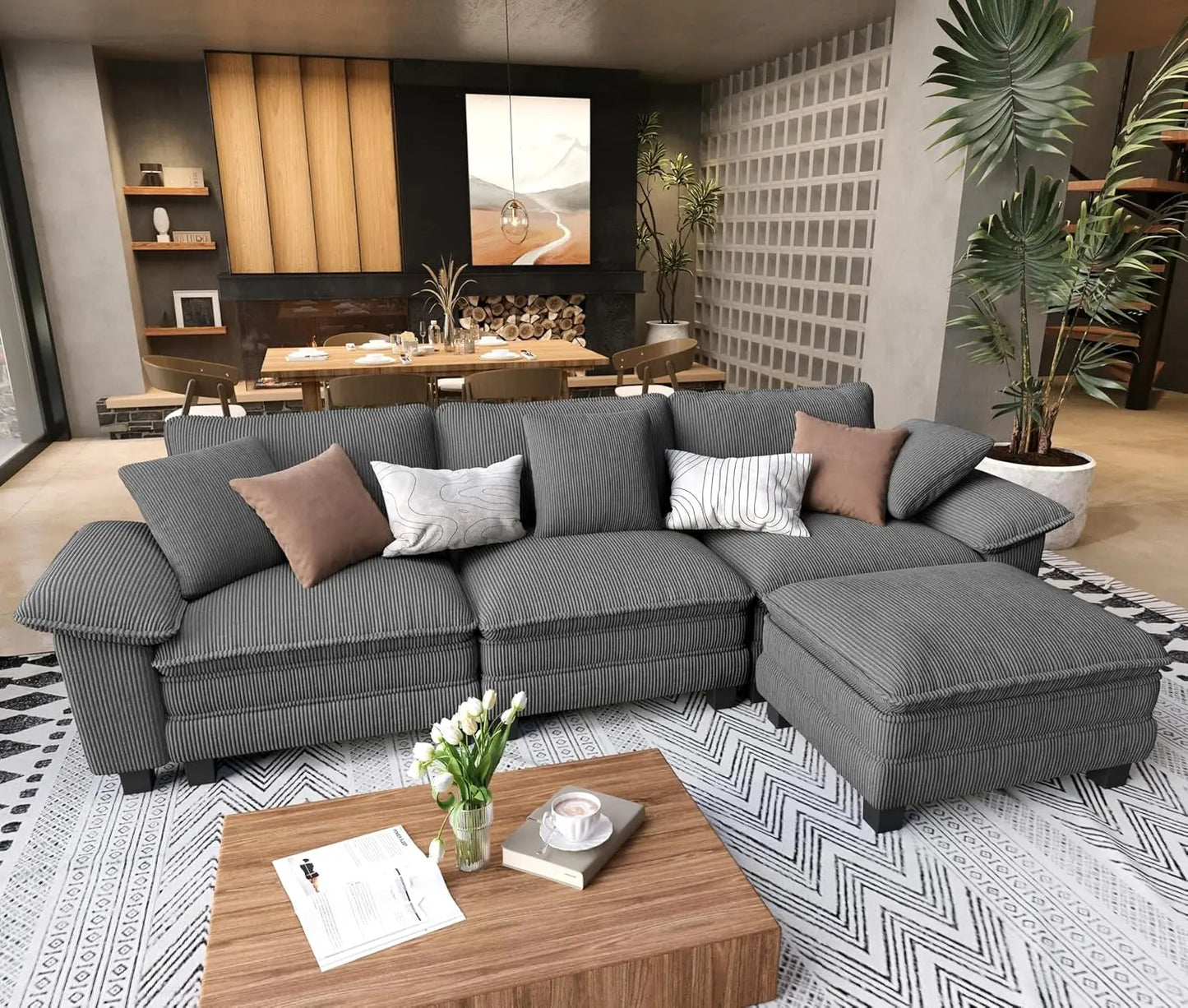 L Shaped Modular Cloud Couch, 123.6'' Comfy Chenille Sectional Sofa with Wider Armrest and Ottoman