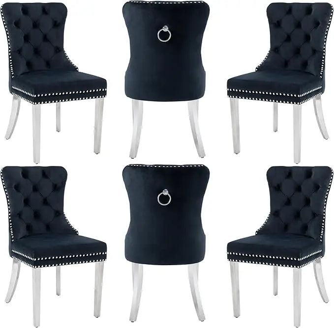 Velvet Dining Chairs Set of 6, Dining Room Chairs with Wood Legs and Pull Ring, Luxury Side Chair