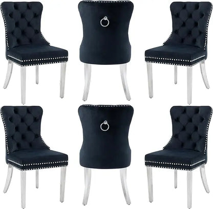 Velvet Dining Chairs Set of 6, Dining Room Chairs with Wood Legs and Pull Ring, Luxury Side Chair