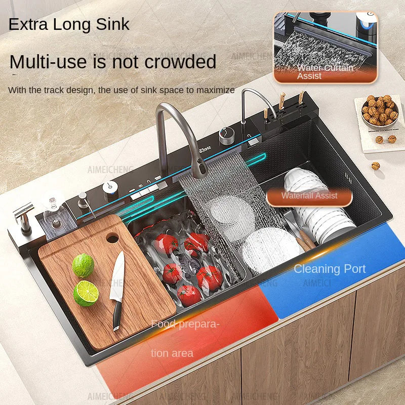 Digital fly rain waterfall sink embossed stainless steel large single sink kitchen black washbasin