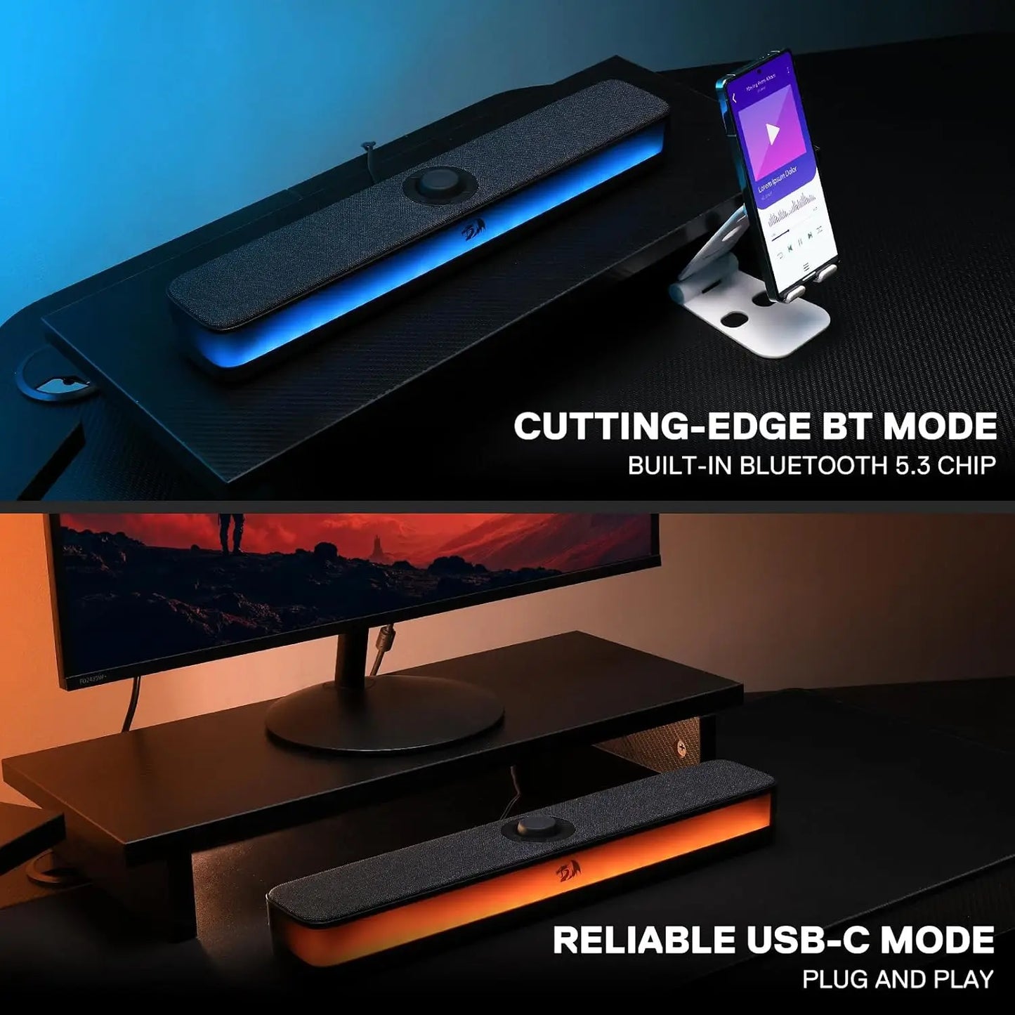 GS515 RGB Desktop Soundbar 2.0 Channel Stereo Computer Speakers for Desktop Bluetooth 5.3, USB-C/USB Powered