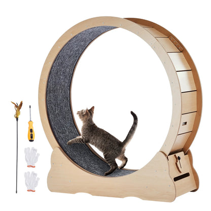 Wooden Cat Exercise Wheel Large Cat Treadmill Wheel for Indoor Cat with Detachable Carpet& Cat Teaser