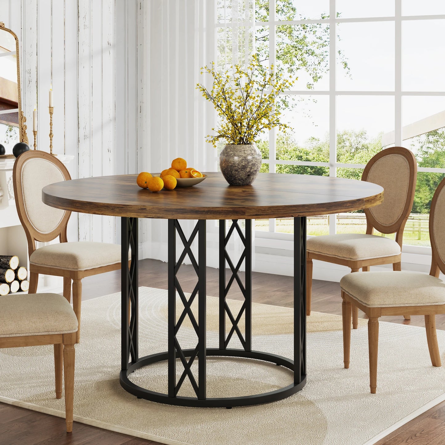 47" Round Dining Table for 4 People, Farmhouse Kitchen Table with Wooden Texture Surface & Pedestal Base, Round Table