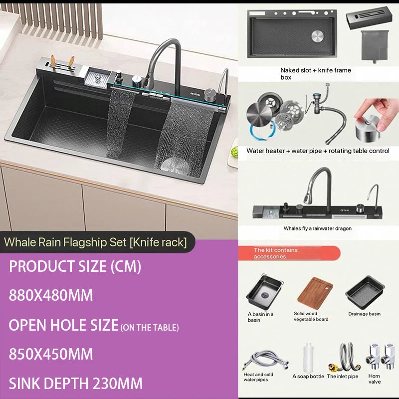 Digital fly rain waterfall sink embossed stainless steel large single sink kitchen black washbasin