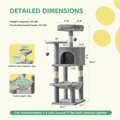 JHK 44In Cat Tree Tall Multi-Cat Climbing Tower for Pet Furniture Natural Sisal Scratching Posts