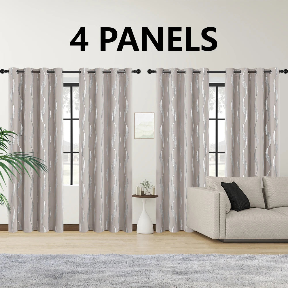 4PCS Blackout Curtains Grommet Thermal Insulated Room Darkening With Wave Foil Printed For Bedroom/Livingroom