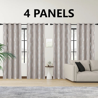 4PCS Blackout Curtains Grommet Thermal Insulated Room Darkening With Wave Foil Printed For Bedroom/Livingroom