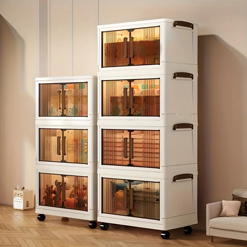 4/5-Tier Heavy-Duty Plastic Folding Storage Cabinet with Lid - Foldable & Stackable Shelving Unit, Wheeled Container