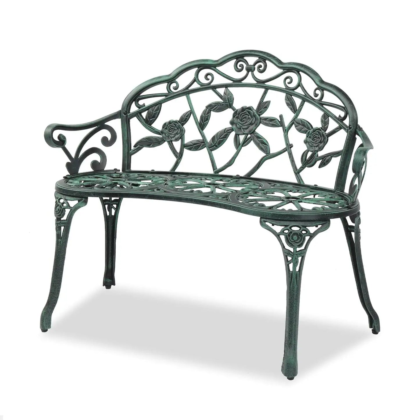38.5" Outdoor Metal Rose Bench, 2-Person Cast Iron Cast Aluminum Frame Antique Finish