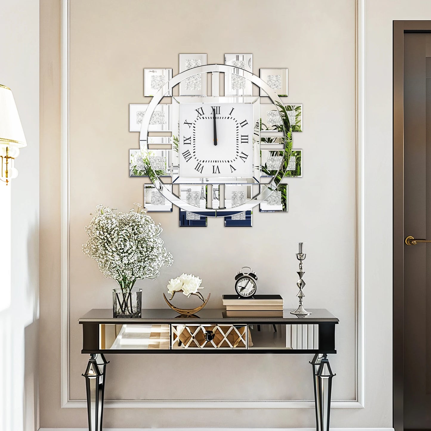 Crush Diamond Mirrored Wall Clock Sparkle Bling Quartz Clock Roman Numerals for Living Room
