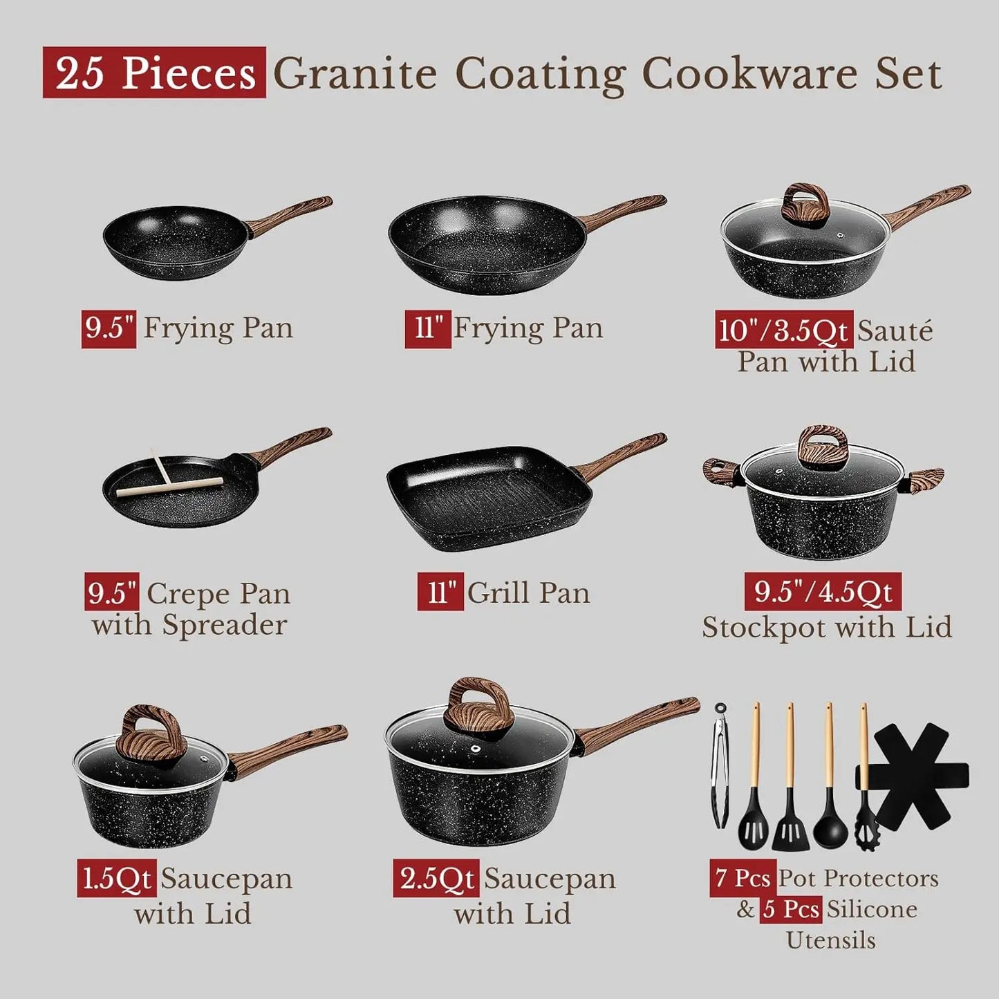 25-Piece Nonstick Ceramic Cookware Set, Healthy & Induction Compatible