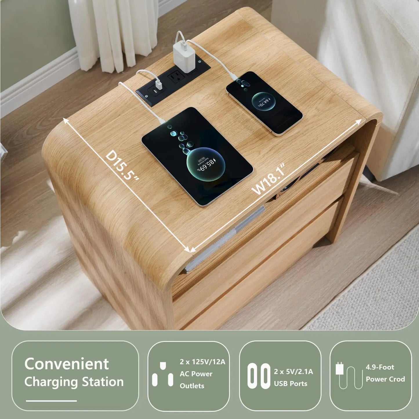 25" Tall Modern Nightstand 23.6'' Wide Wood Bedside Table w/2 Storage Drawers, Charging Station