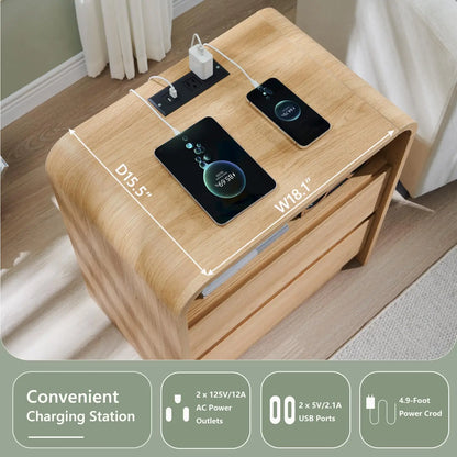 25" Tall Modern Nightstand 23.6'' Wide Wood Bedside Table w/2 Storage Drawers, Charging Station