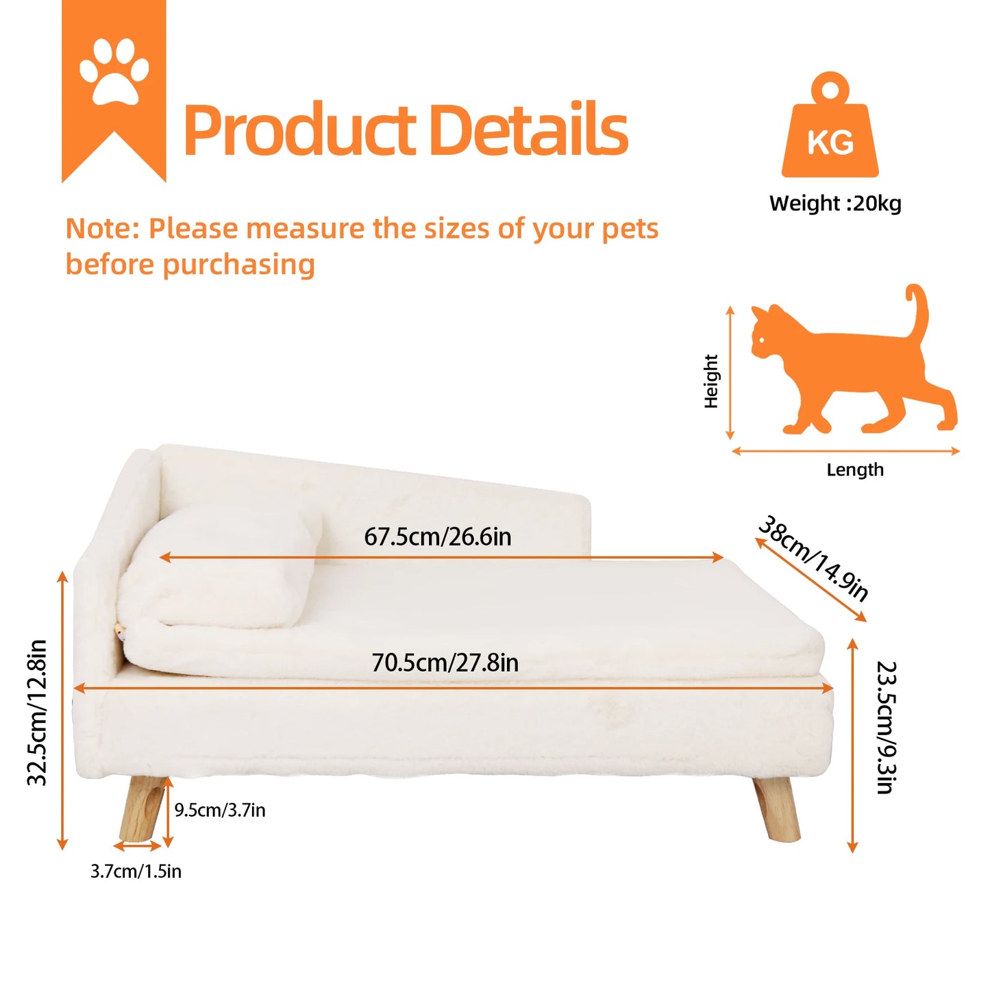 Elevated Pet Bed Cozy Pad Waterproof, Pet Sofa Bed with Sturdy Wood Legs for Small Dog Kitten