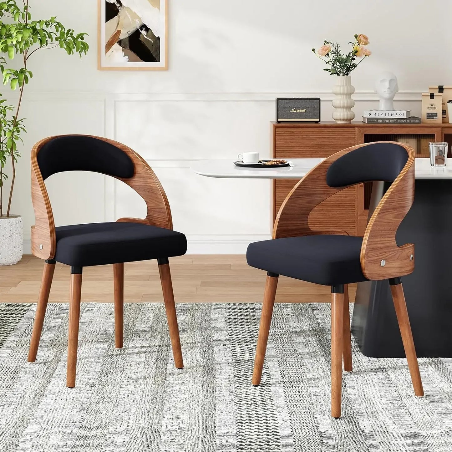 Modern Wood Dining Chairs Set of 4 Upholstered with Curved Backrest for Kitchen Dining Room Living Room