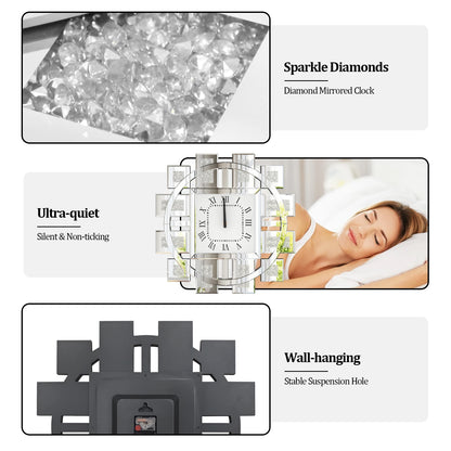 Crush Diamond Mirrored Wall Clock Sparkle Bling Quartz Clock Roman Numerals for Living Room