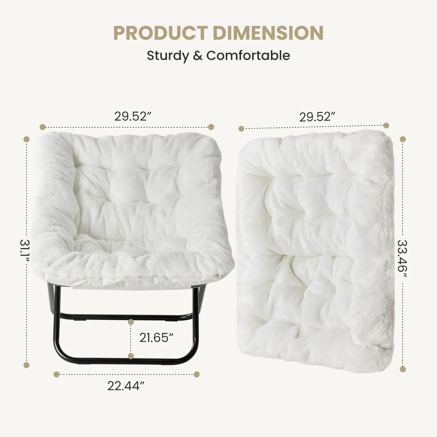JHK 28IN Cozy Saucer Chairs Soft Faux Fur Large Size Folding Lounge Living Room Padded Seat Metal Frame