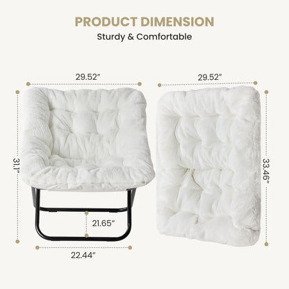 JHK 28IN Cozy Saucer Chairs Soft Faux Fur Large Size Folding Lounge Living Room Padded Seat Metal Frame