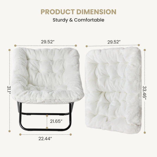 JHK 28IN Cozy Saucer Chairs Soft Faux Fur Large Size Folding Lounge Living Room Padded Seat Metal Frame