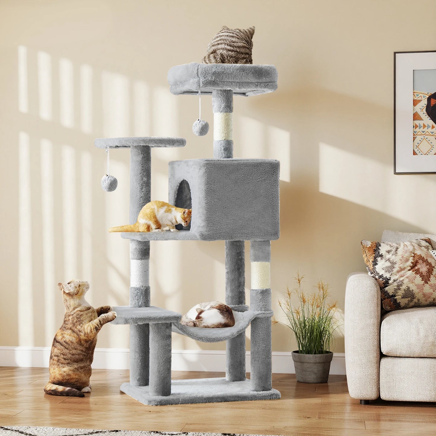 JHK 44In Cat Tree Tall Multi-Cat Climbing Tower for Pet Furniture Natural Sisal Scratching Posts