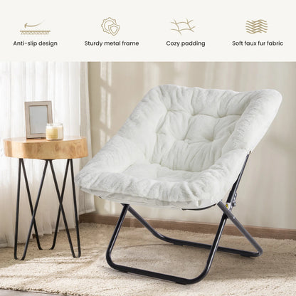 JHK 28IN Cozy Saucer Chairs Soft Faux Fur Large Size Folding Lounge Living Room Padded Seat Metal Frame