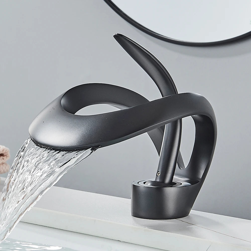 Rozin Luxury Black Basin Faucet Grey Bathroom Waterfall Mixer Tap Brass Deck Mount