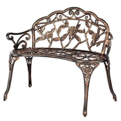 38.5" Outdoor Metal Rose Bench, 2-Person Cast Iron Cast Aluminum Frame Antique Finish