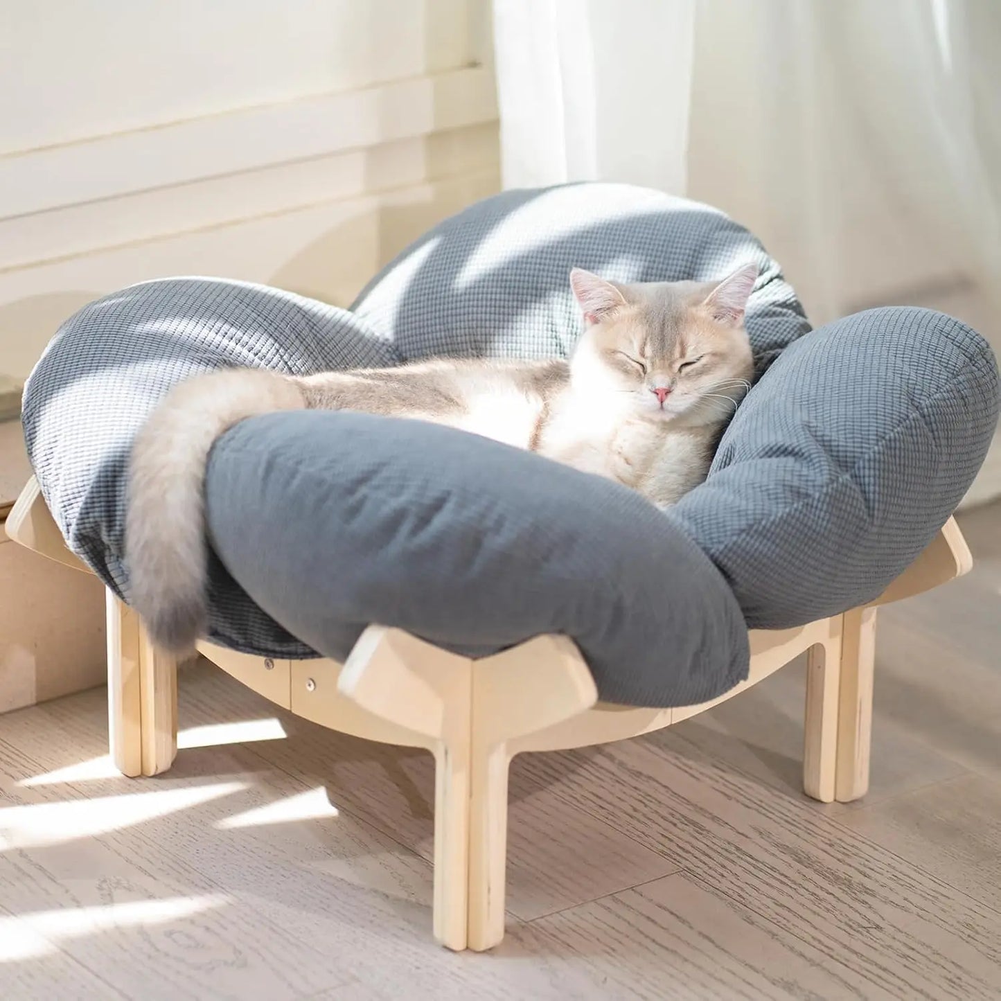 Elevated Cat Bed Wooden With Cushion Fluffy Pet Couch Sofa For Indoor Cats Raised Kitty Lounge Chair